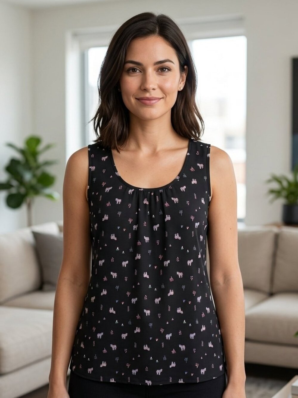 Bubble B Blouse Women's Size XL Black Multicolor Safari Print Sleeveless